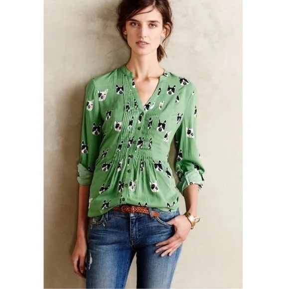 Maeve Tops - Maeve Green Blouse with Dog Print